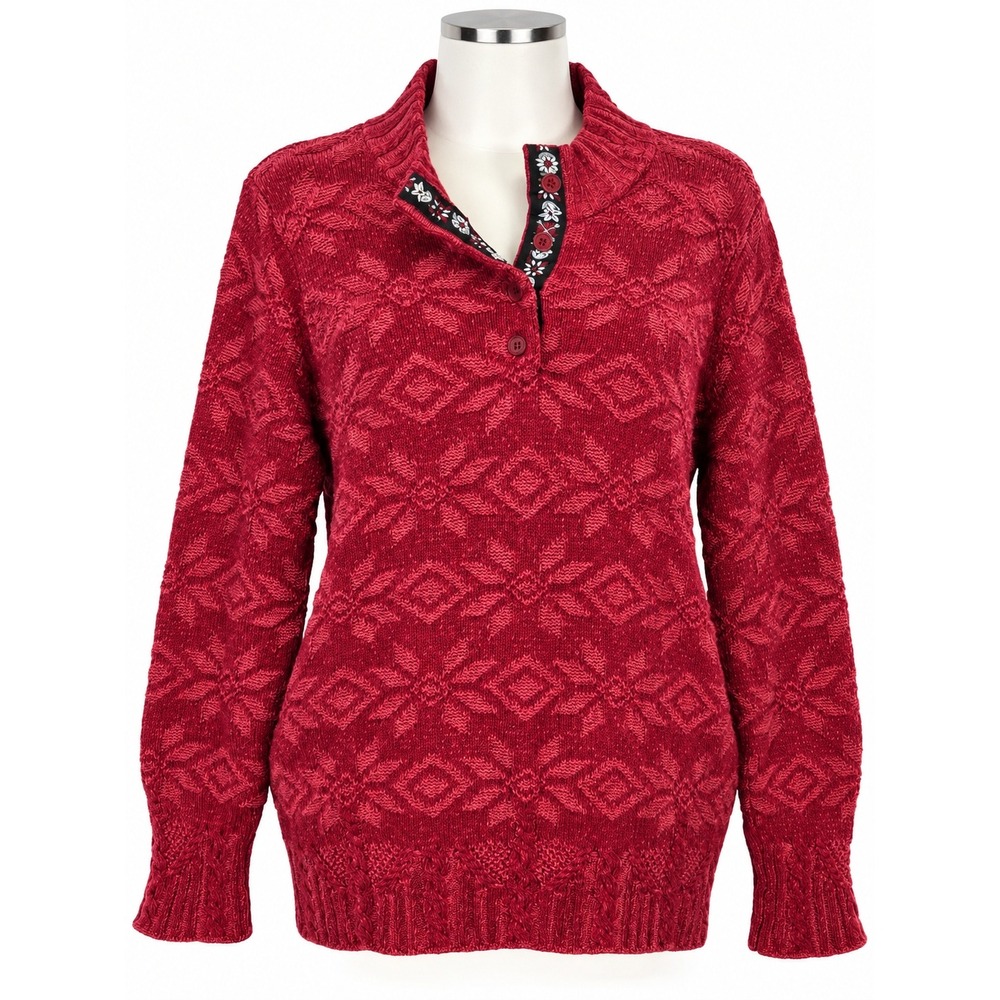 Woolrich Women's XL Red Fair Isle Textured Knit Button Neck Sweater